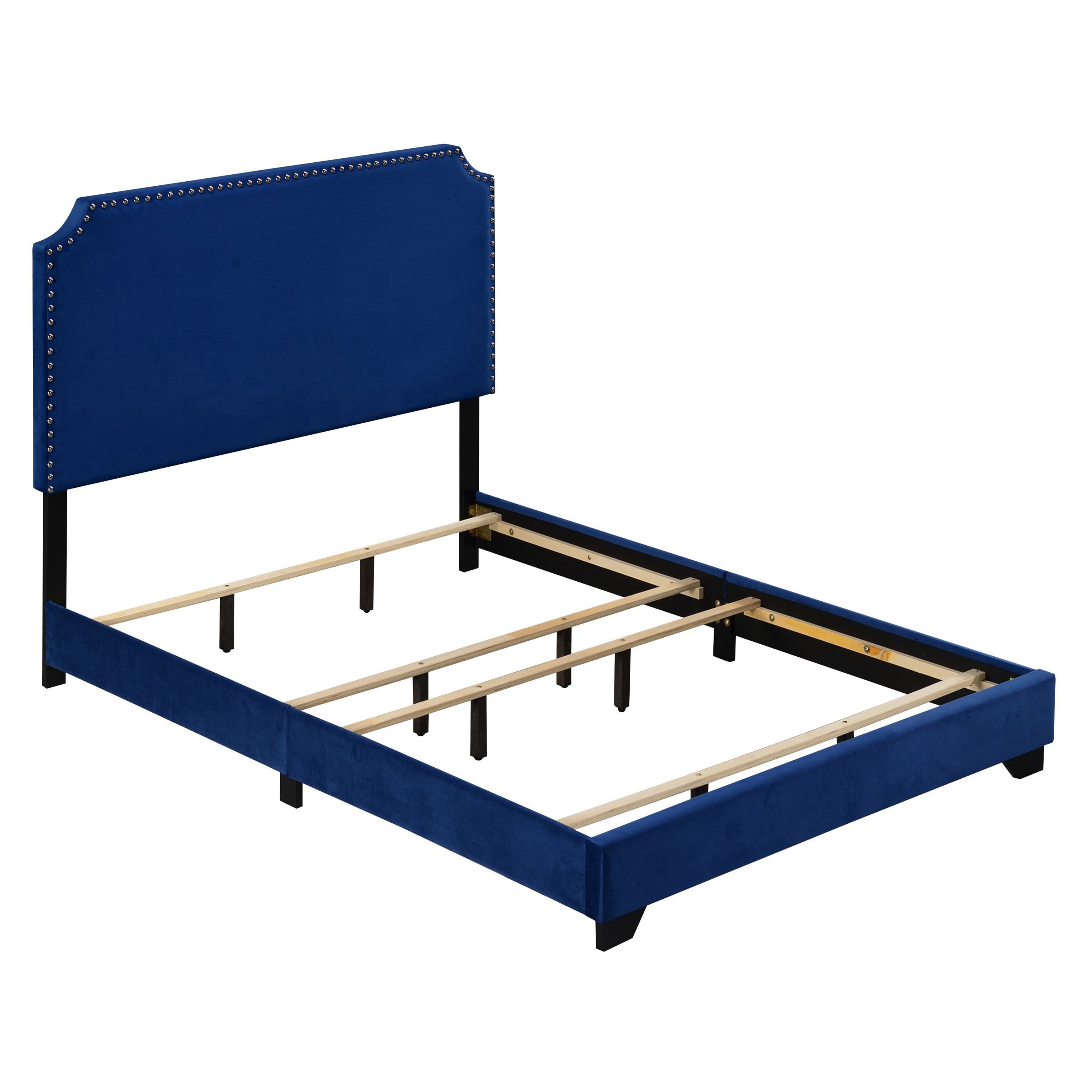 Queen Blue Panel Bed with Scooped Headboard