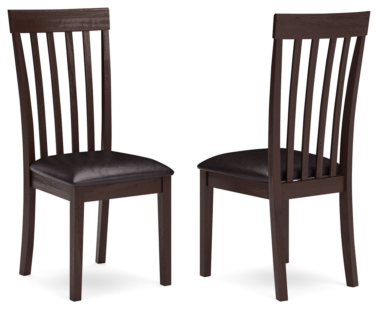 Two dark brown dining side chairs with vertical slat backs and padded seats