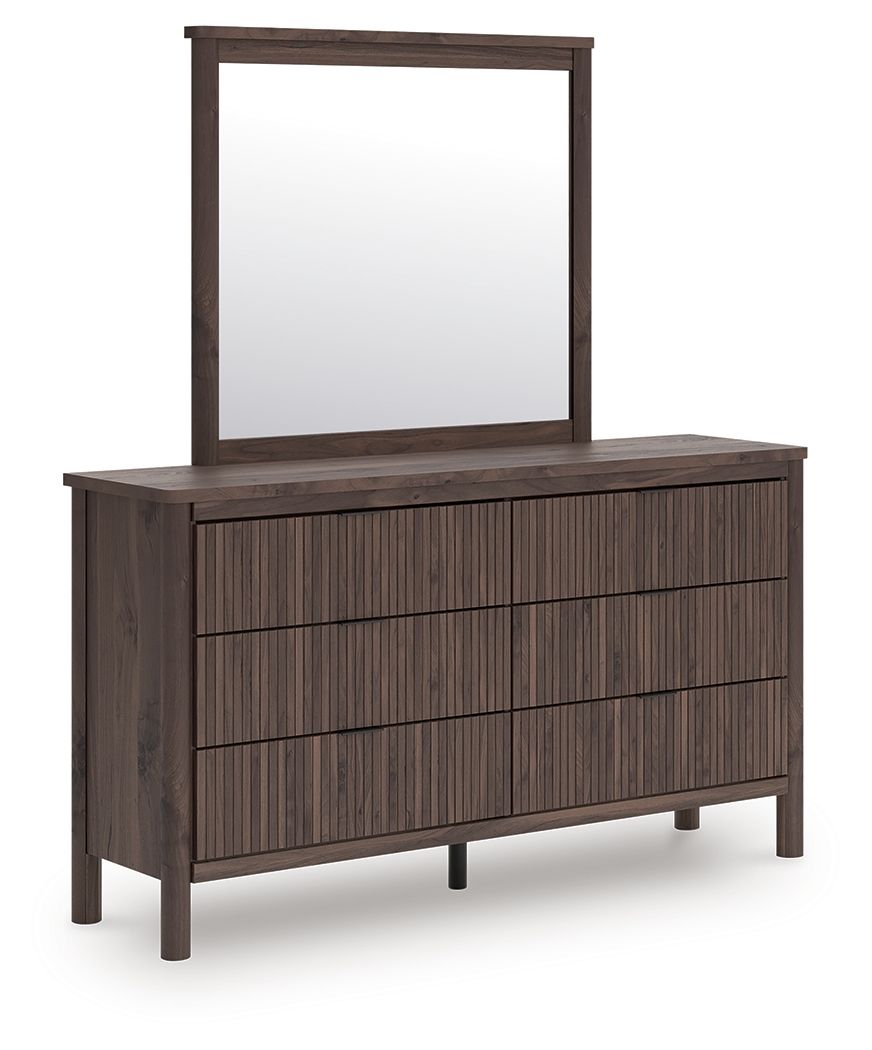 Dark brown dresser with tall mirror frame and vertical slat drawer fronts