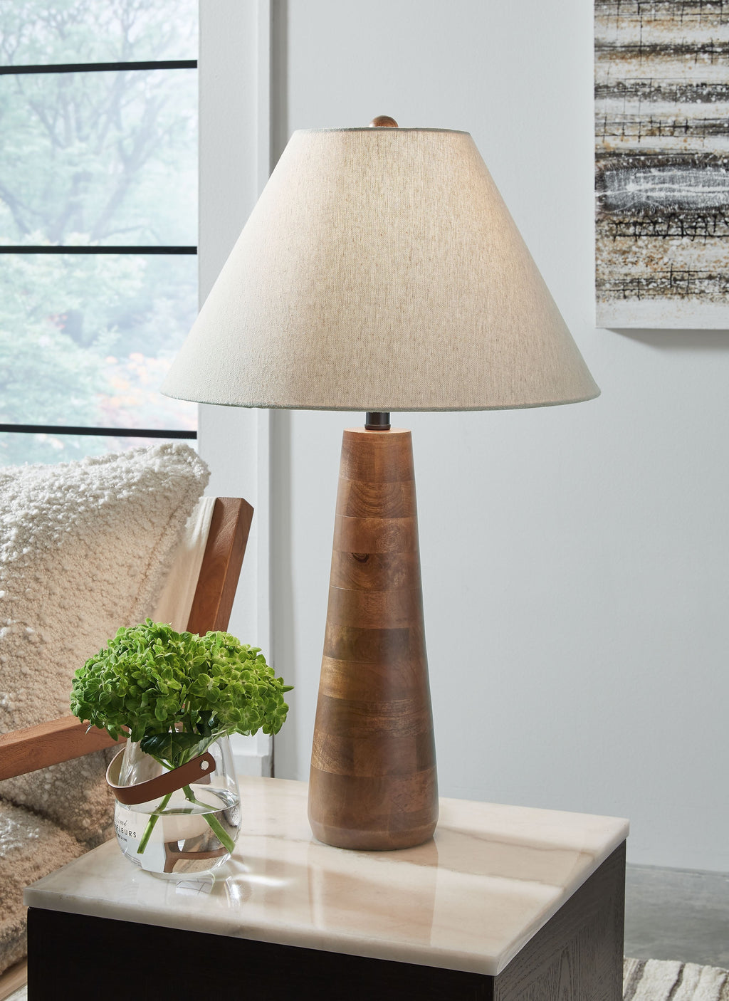 Wood table lamp with cream fabric shade and dark brown tapered wooden base
