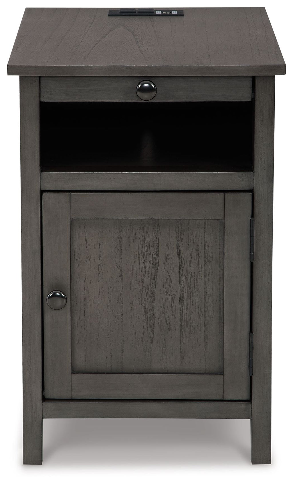 Gray chair side end table with open shelf, cabinet door, and round drawer pull