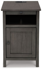 Gray chair side end table with open shelf, cabinet door, and round drawer pull