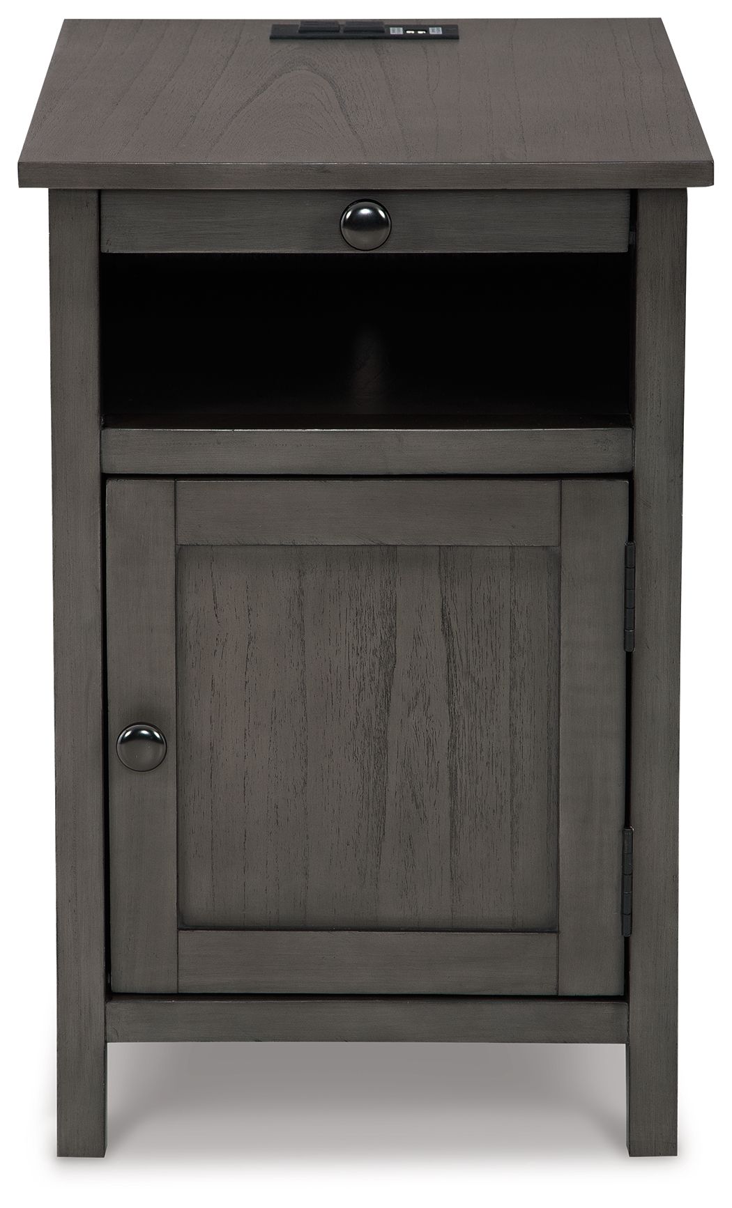 Gray chair side end table with open shelf, cabinet door, and round drawer pull