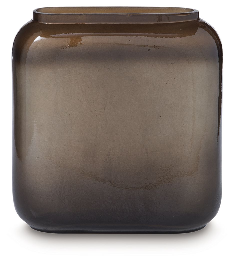 Sumner vase, dark brown glossy glass with wide mouth and rounded squared sides