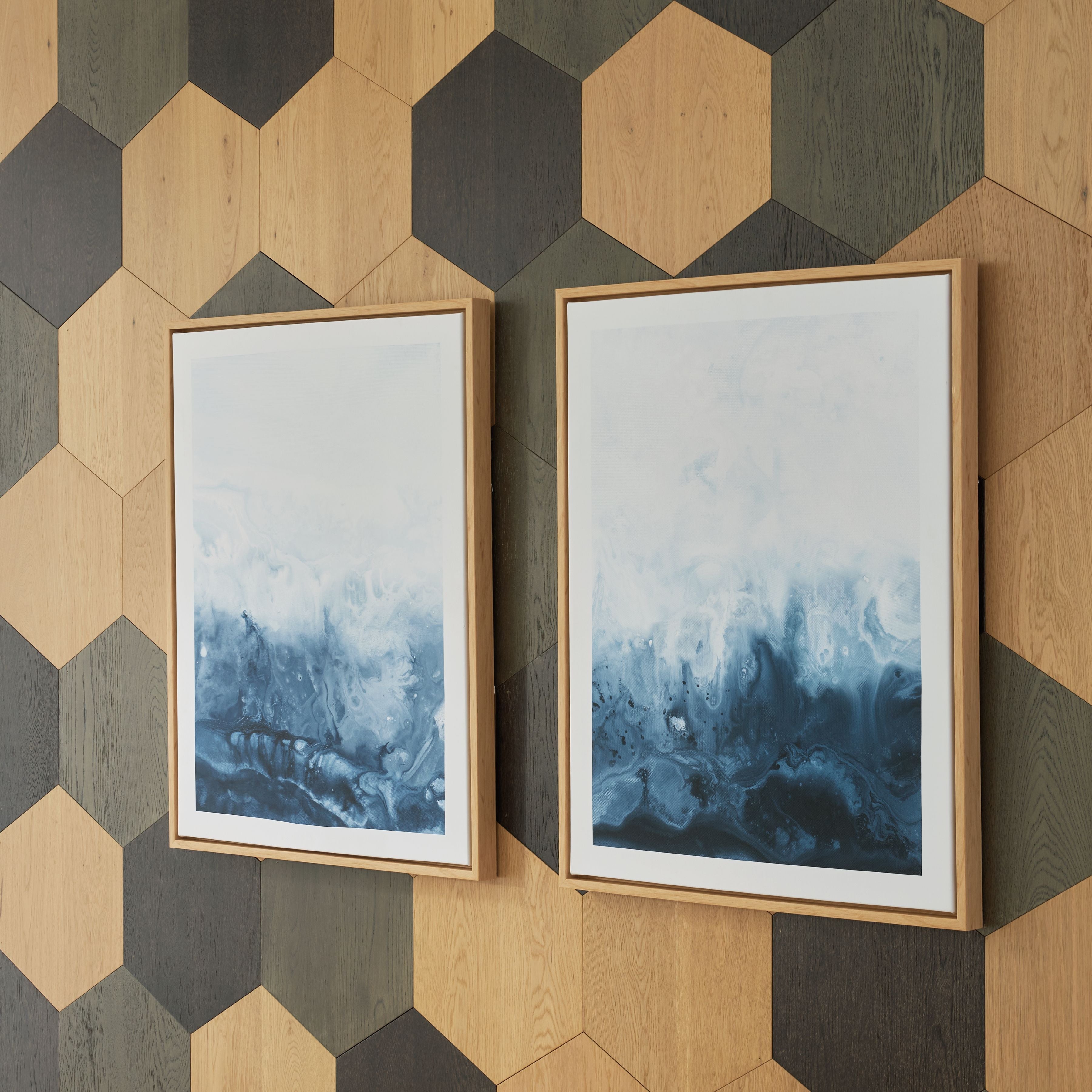 Set of 2 framed abstract blue wall prints with cloudy wave-texture design
