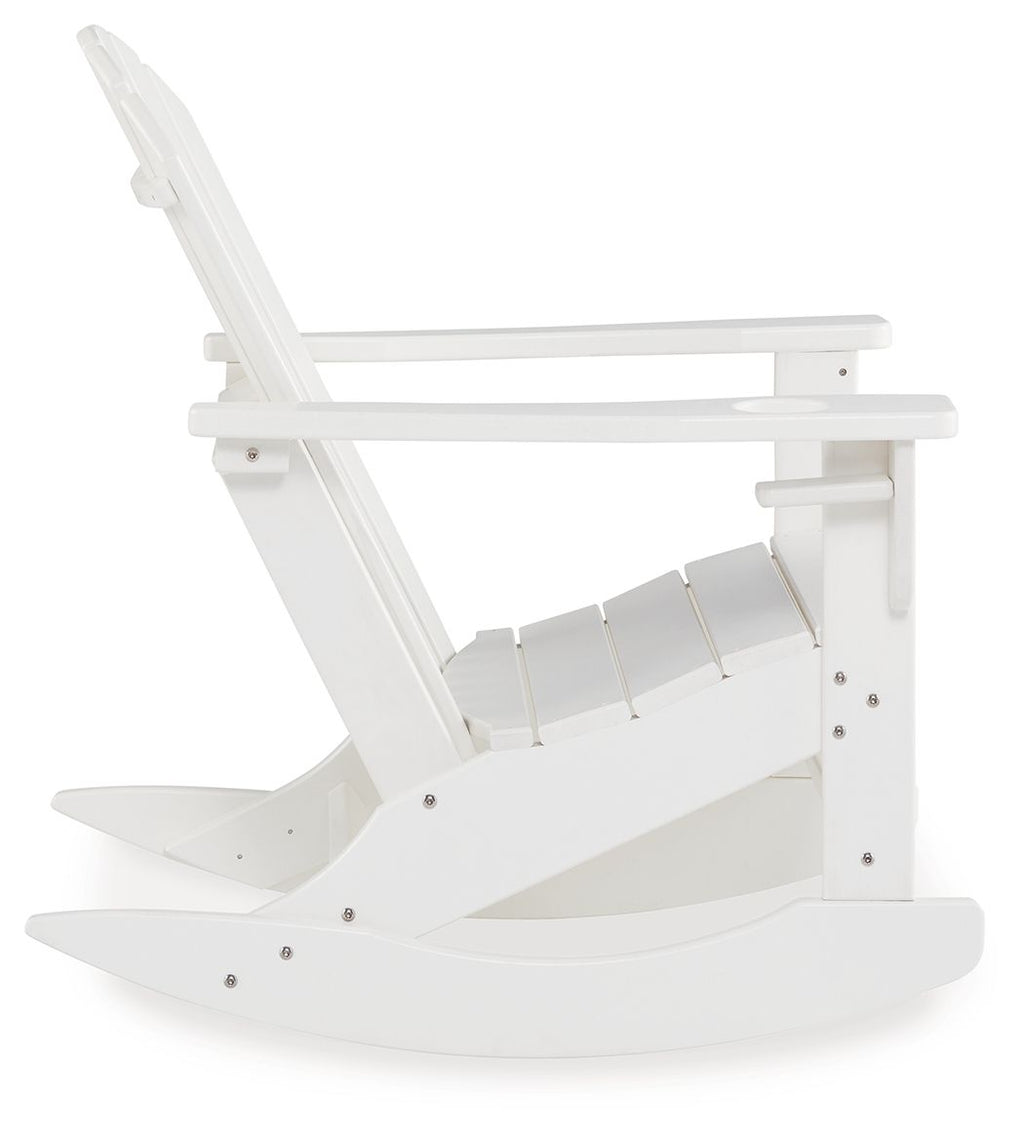 White Adirondack rocking chair underside and rockers view with slatted back.