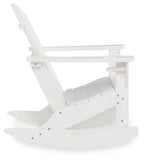 White Adirondack rocking chair underside and rockers view with slatted back.