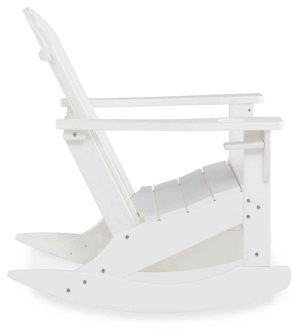 White Adirondack rocking chair underside and rockers view with slatted back.