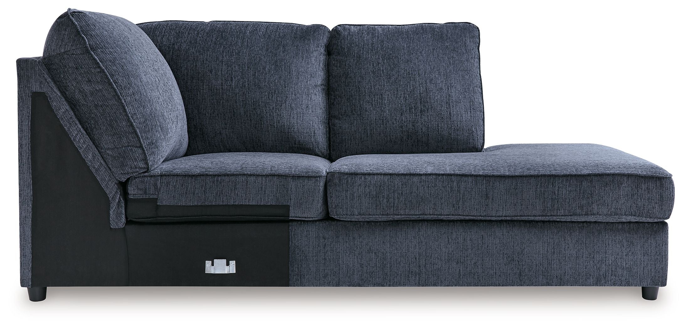 Cobalt blue corner chaise with padded arms and chaise seat, side storage panel
