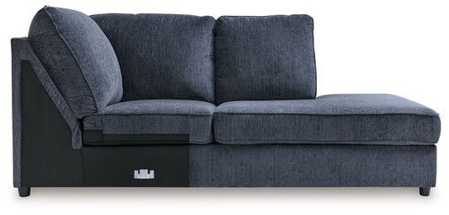 Cobalt blue corner chaise with padded arms and chaise seat, side storage panel