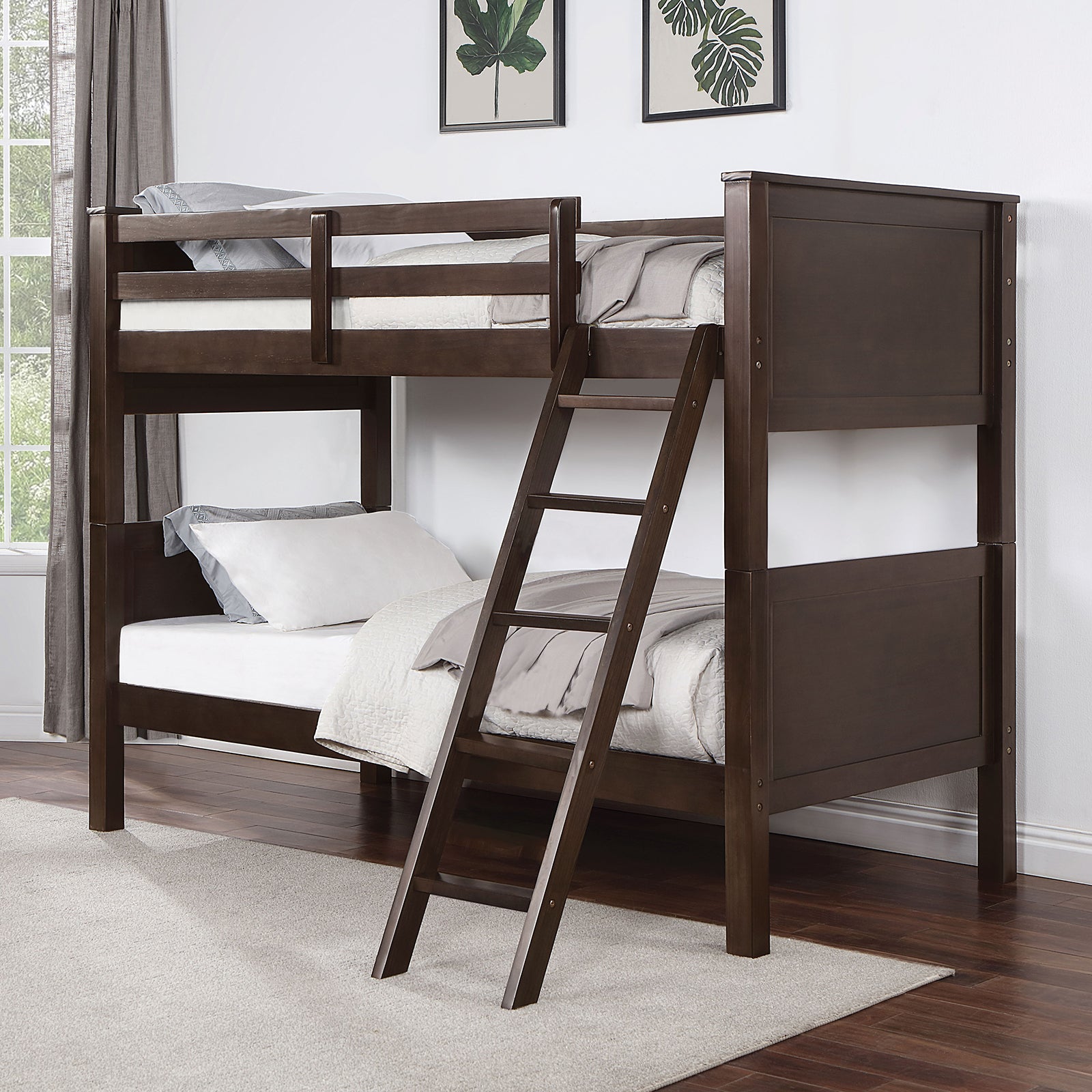 Transitional Walnut Twin Over Twin Bunk Bed w/Footboard Ladder