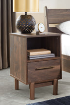 Mocha one-drawer night stand with open shelf, drawer front, and gold bar handle