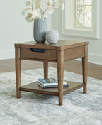 Brown rectangular end table with drawer and open lower shelf