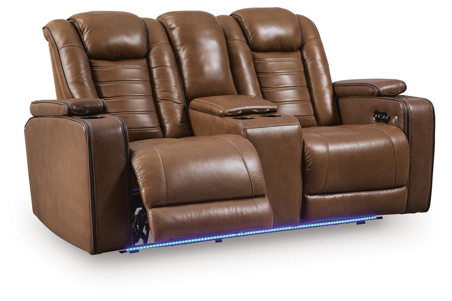 Power reclining loveseat with console and headrests, brown reclining seats