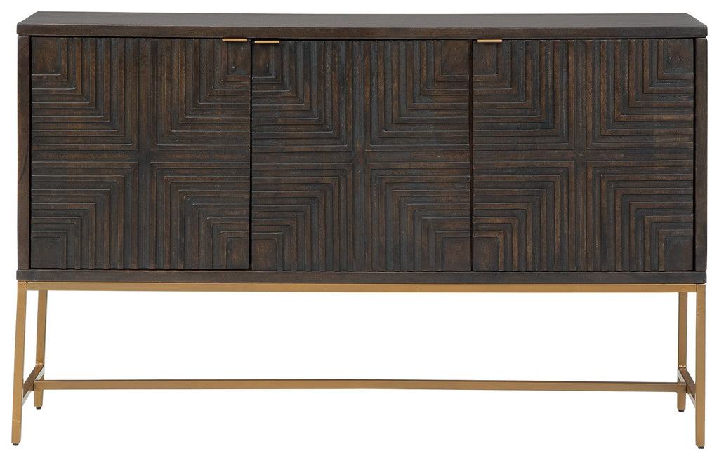 Dark brown accent cabinet with geometric doors and gold-tone metal legs