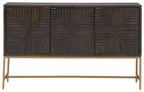 Dark brown accent cabinet with geometric doors and gold-tone metal legs