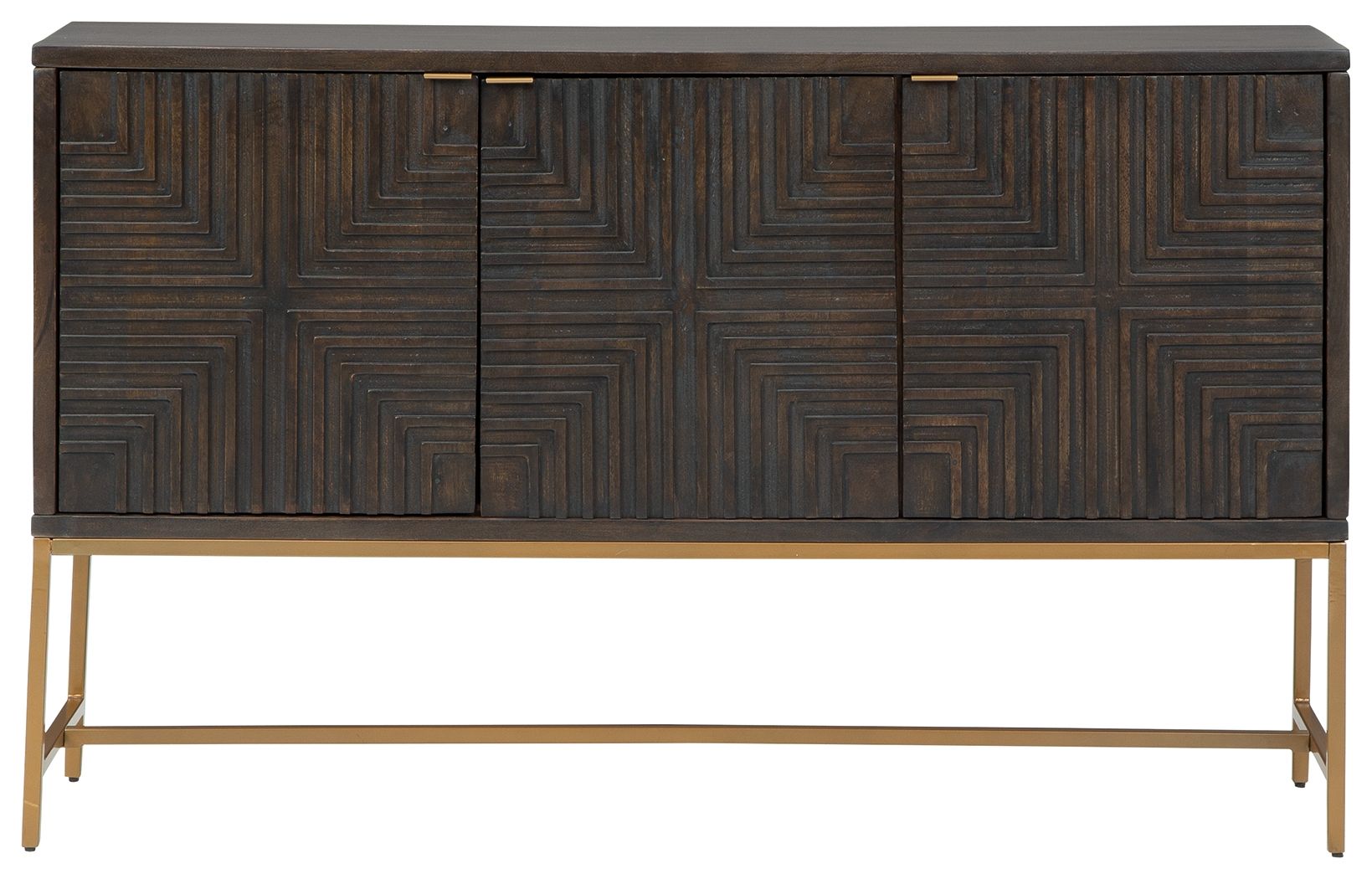 Dark brown accent cabinet with geometric doors and gold-tone metal legs