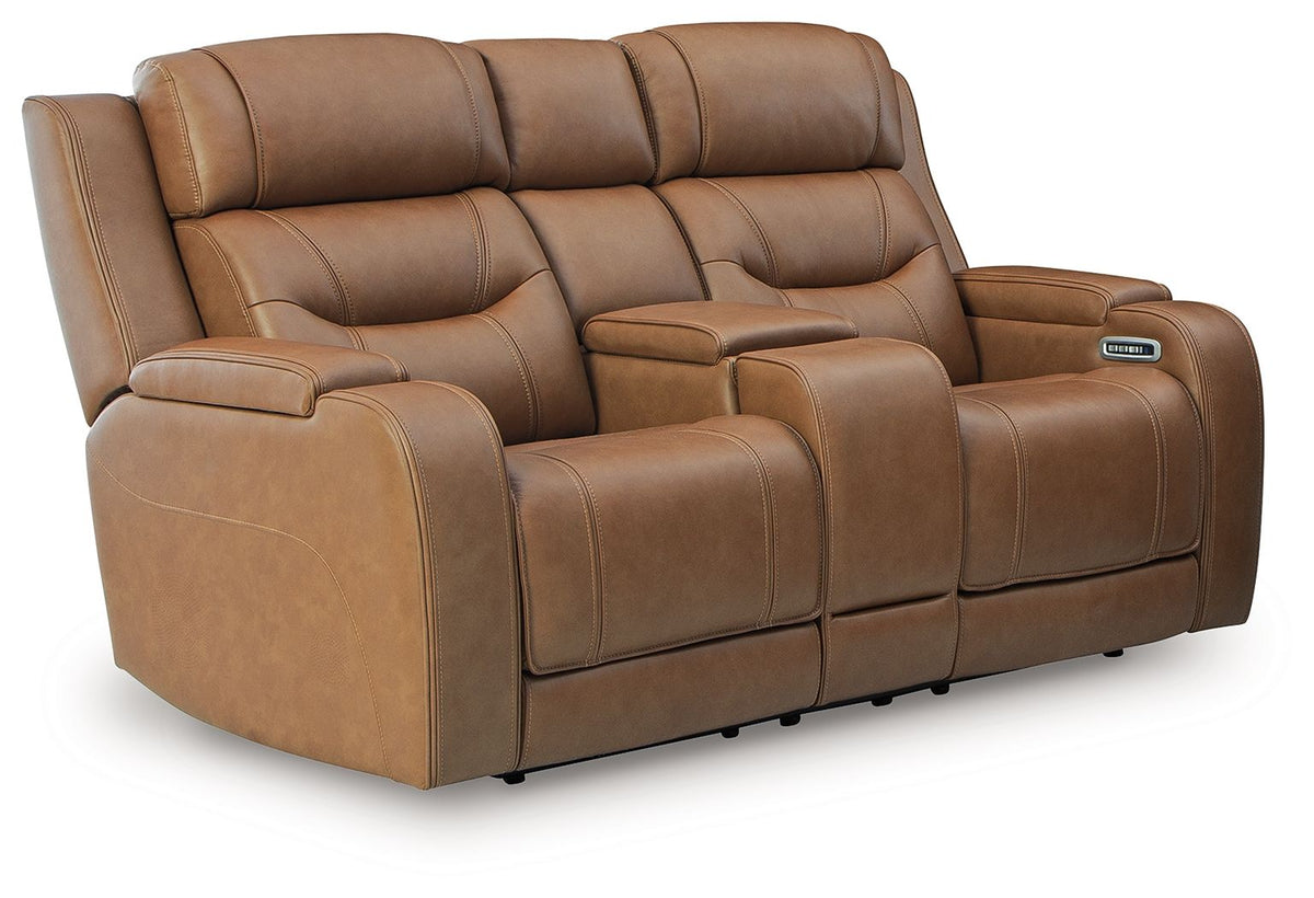 Power reclining loveseat with audio seating, brown leather-look upholstery, padded armrests