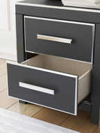 Black two-drawer night stand with two silver bar handles and open top drawer