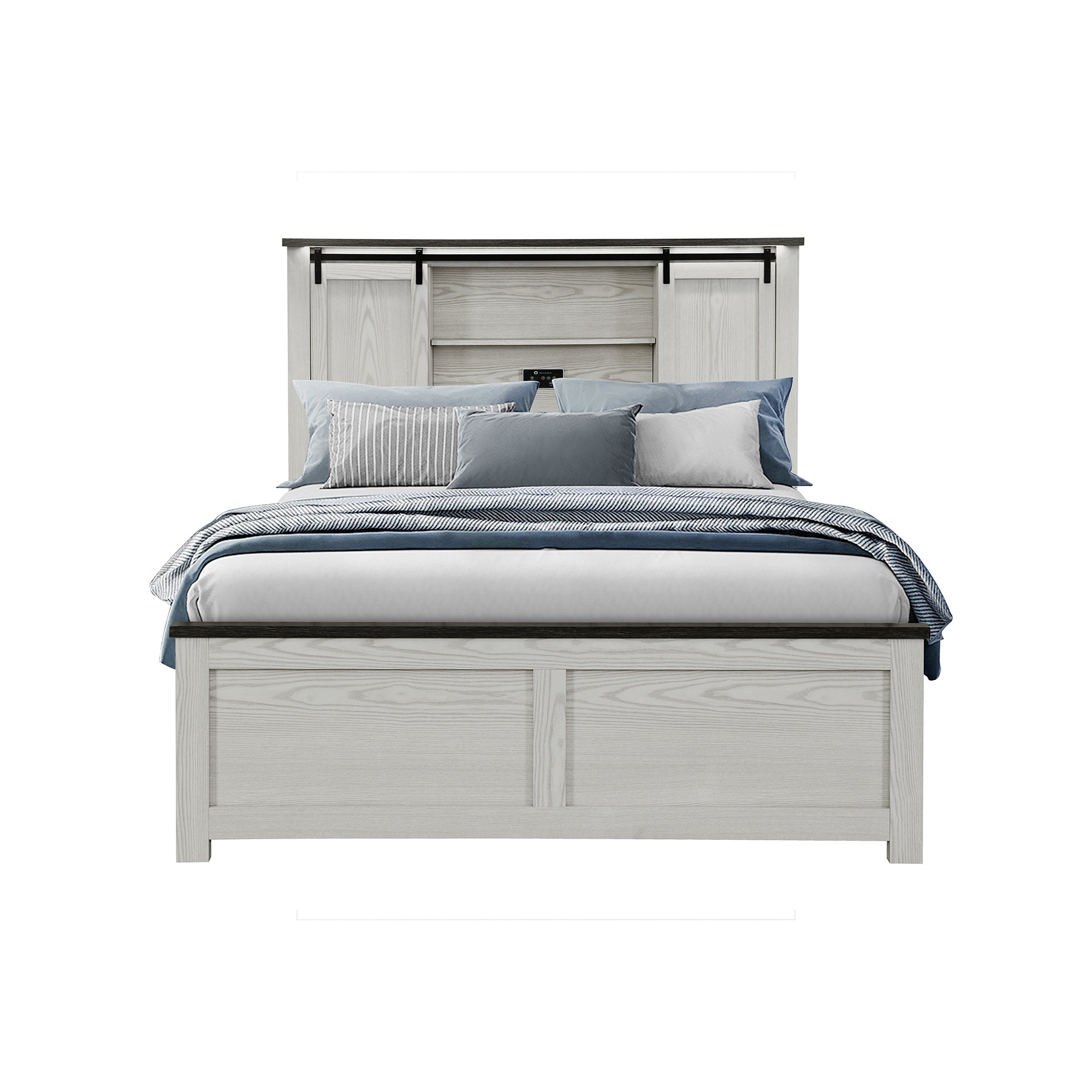 Avery Beige Queen Low Profile Bed with Bookcase Headboard Wood