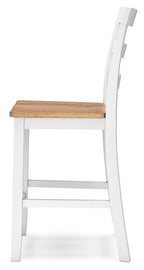 White barstool with slatted back and wooden seat, side view