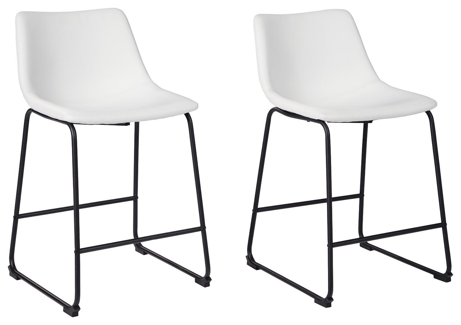 Upholstered barstool with white seat and black metal legs, angled view