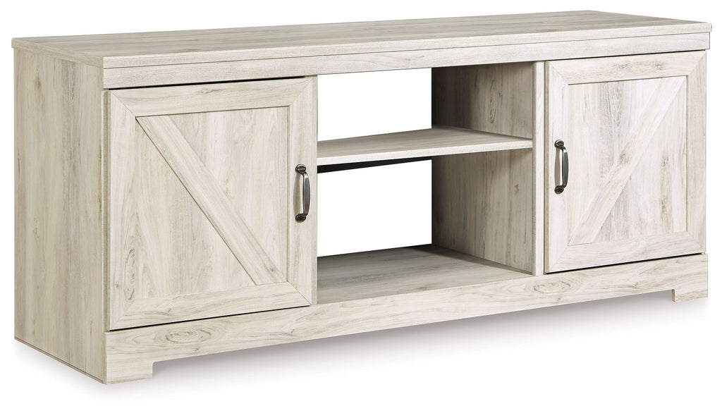 Light beige wood TV stand with two doors and central open shelf, side compartments