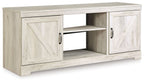 Light beige wood TV stand with two doors and central open shelf, side compartments
