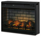 Black infrared fireplace insert front view with side panel and lit logs