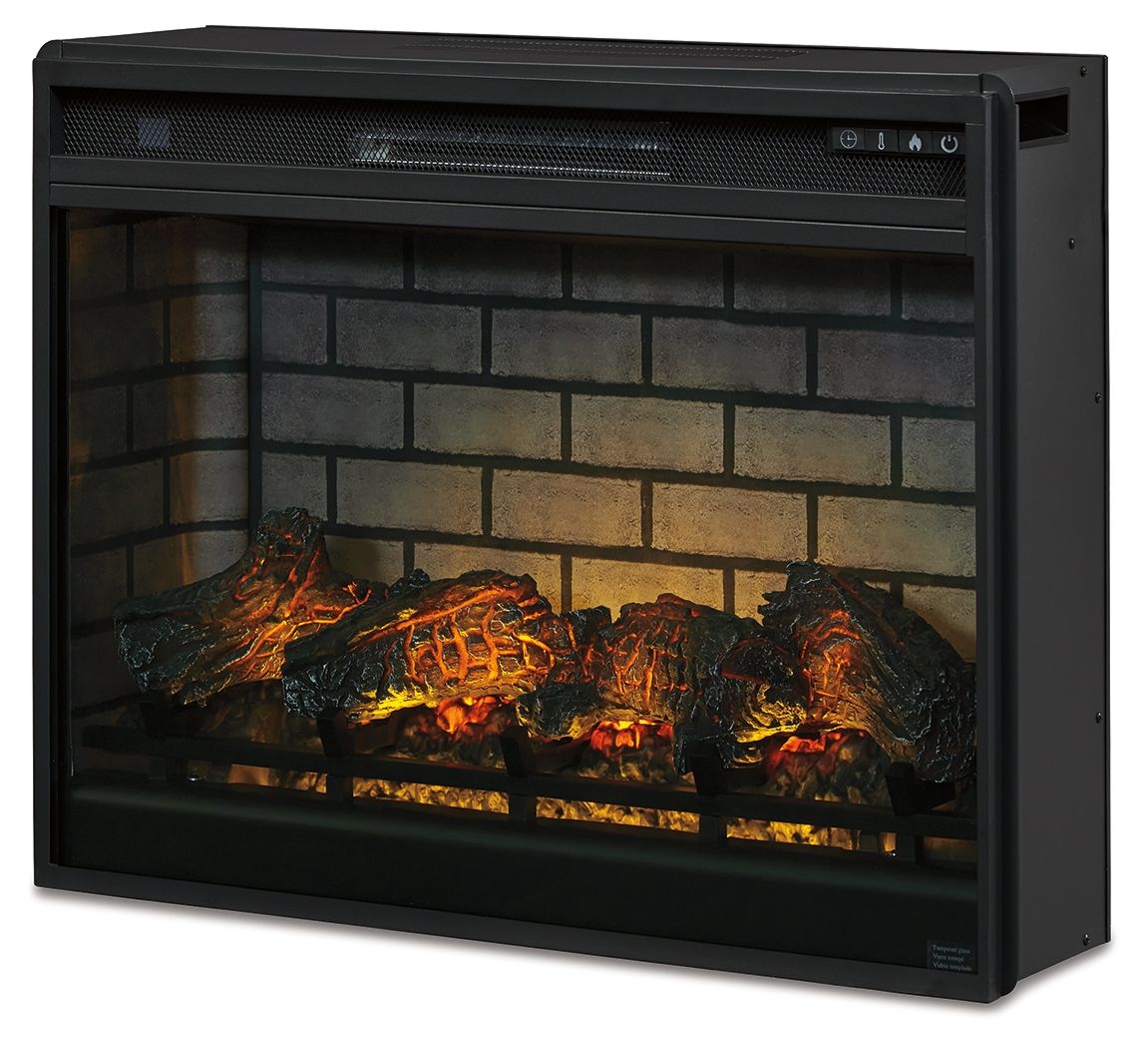 Black infrared fireplace insert front view with side panel and lit logs