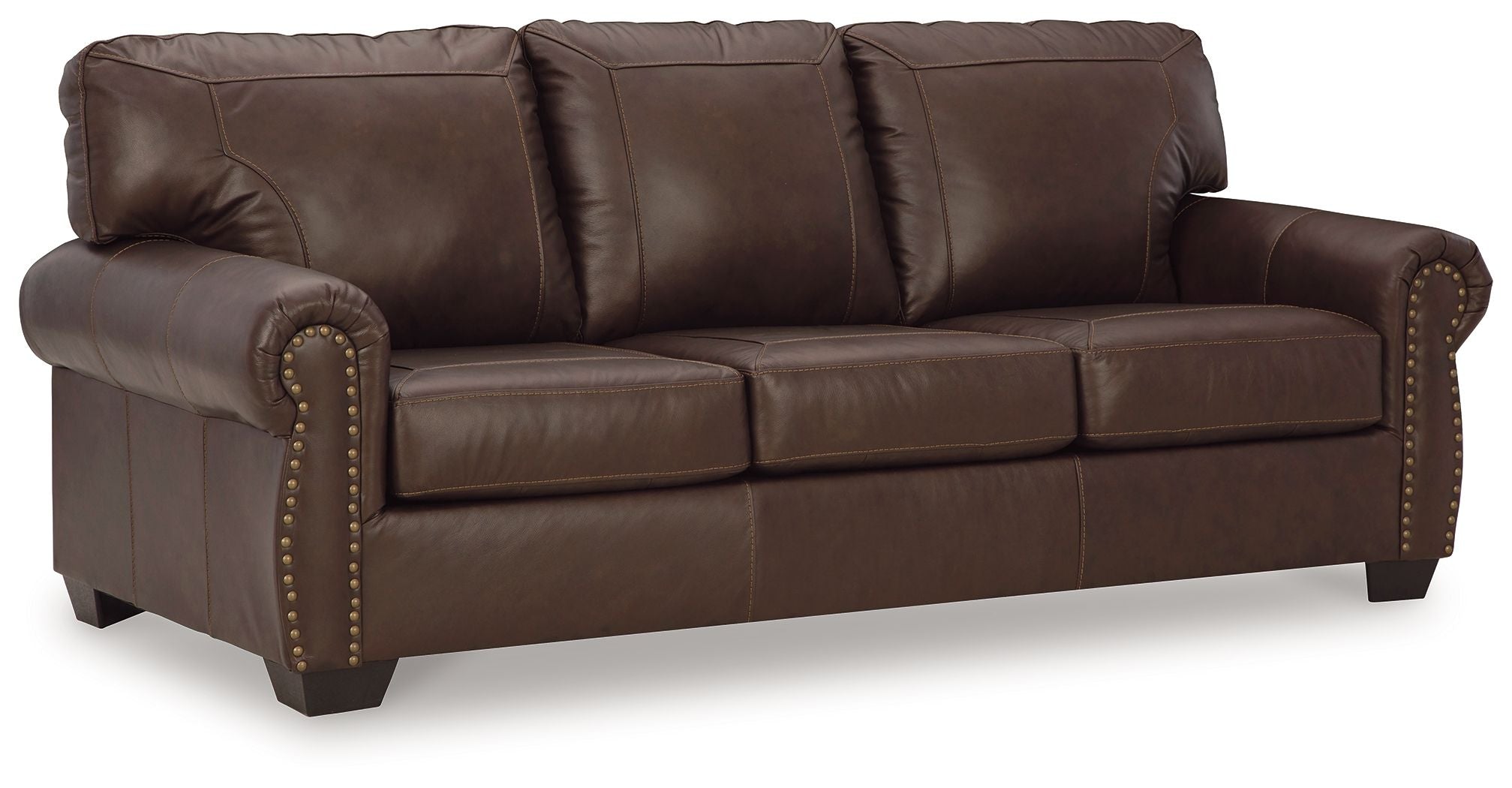 Dark brown upholstered loveseat with rolled arms and nailhead trim