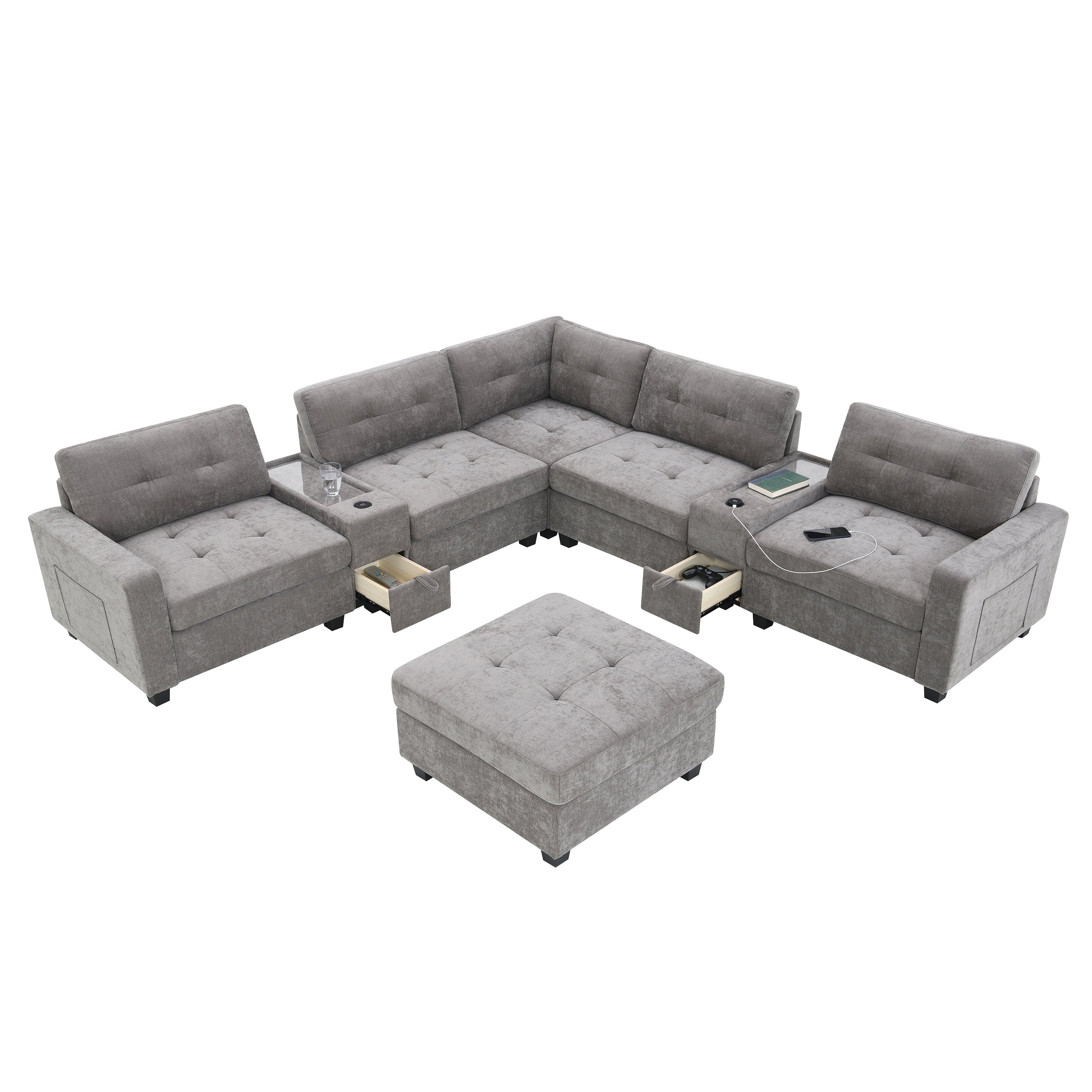 Modern Gray Chenille U-Shaped Sectional Sofa USB Storage