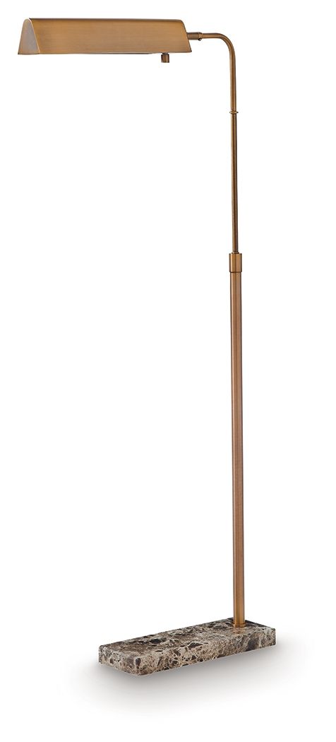 Bronze metal floor lamp with rectangular shade and stone block base