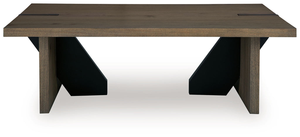 Low light brown table with angled dark support panels under the tabletop