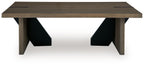 Low light brown table with angled dark support panels under the tabletop