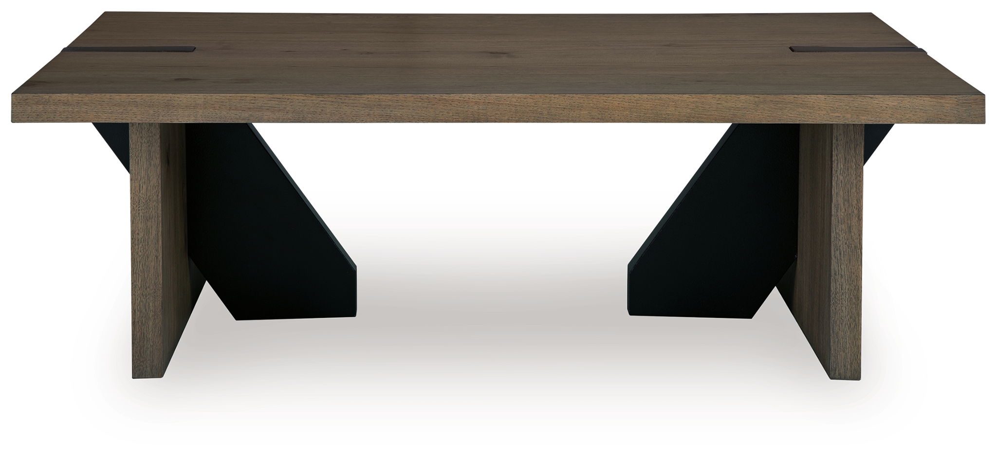Low light brown table with angled dark support panels under the tabletop