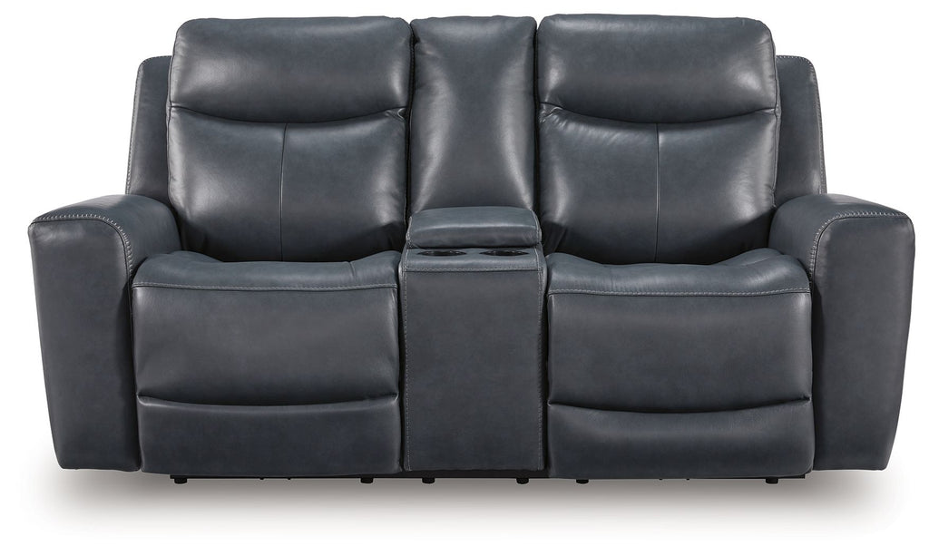 Blue power reclining loveseat with console, showing padded seating and headrests