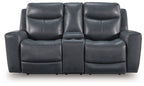 Blue power reclining loveseat with console, showing padded seating and headrests