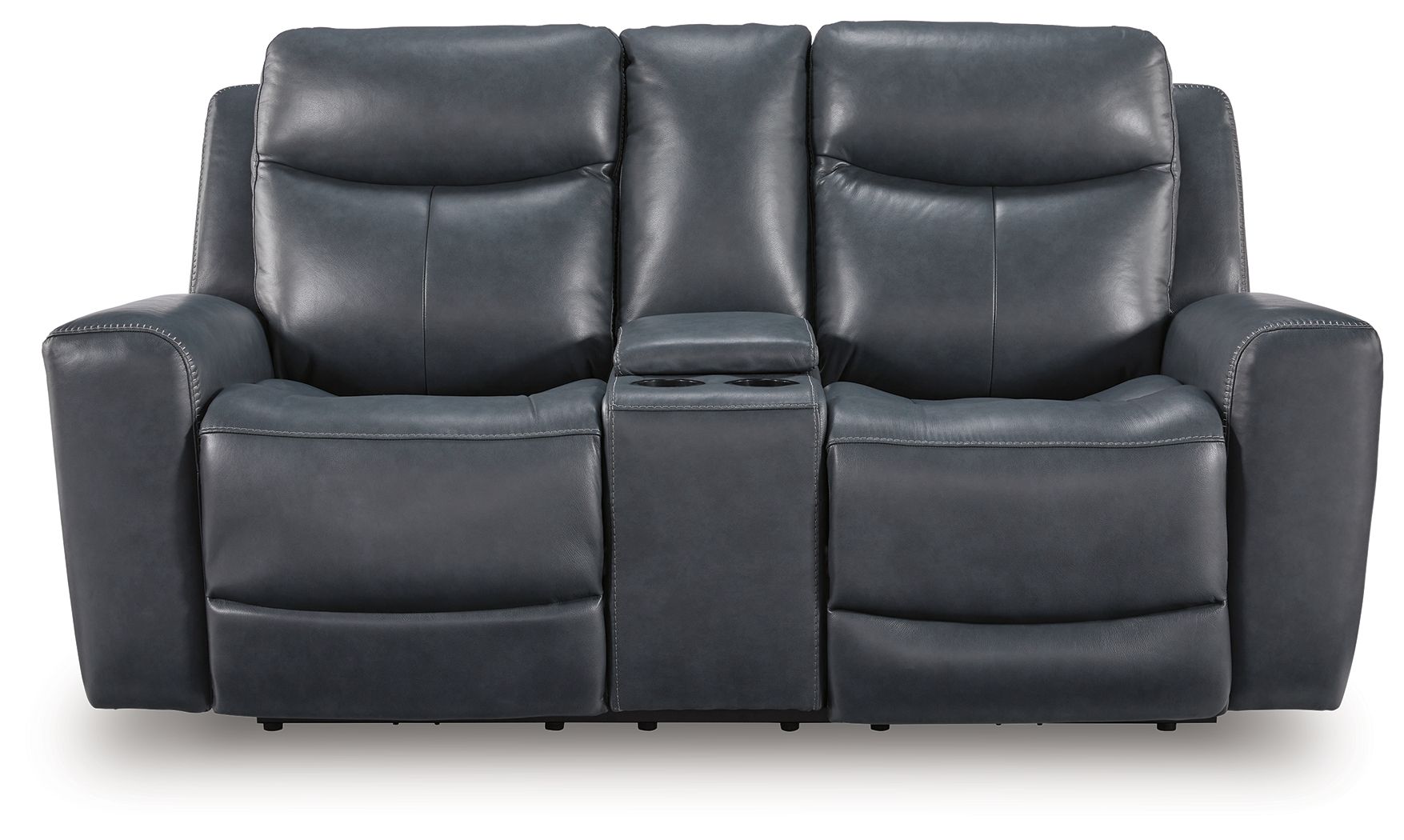 Blue power reclining loveseat with console, showing padded seating and headrests