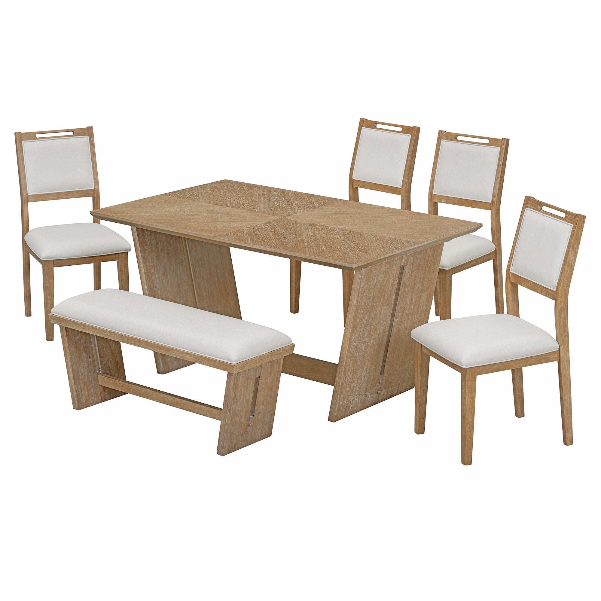 6-Pc Retro Dining Set w/ Bench - Natural Wood