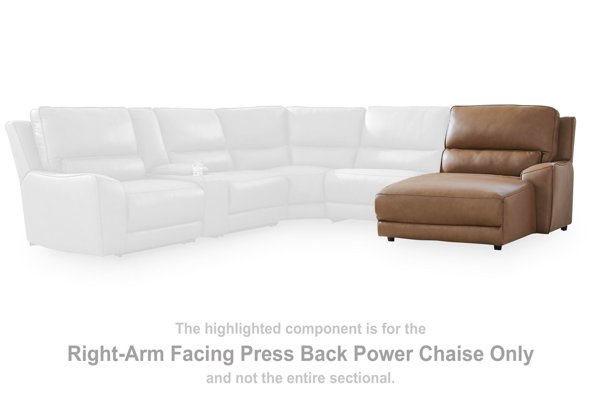 Caramel brown press-back power chaise with armrest and padded foot extension