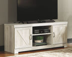 Light beige wood TV stand with cabinet doors and open media shelf, TV installed