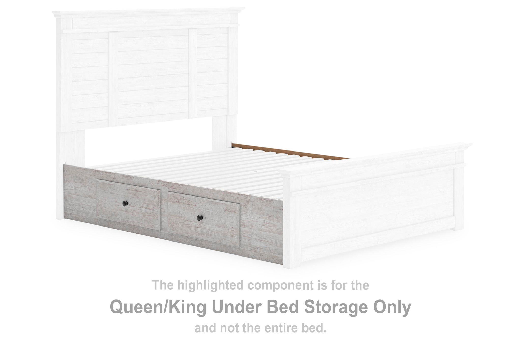 Whitewash under-bed storage with two drawers and gray drawer fronts