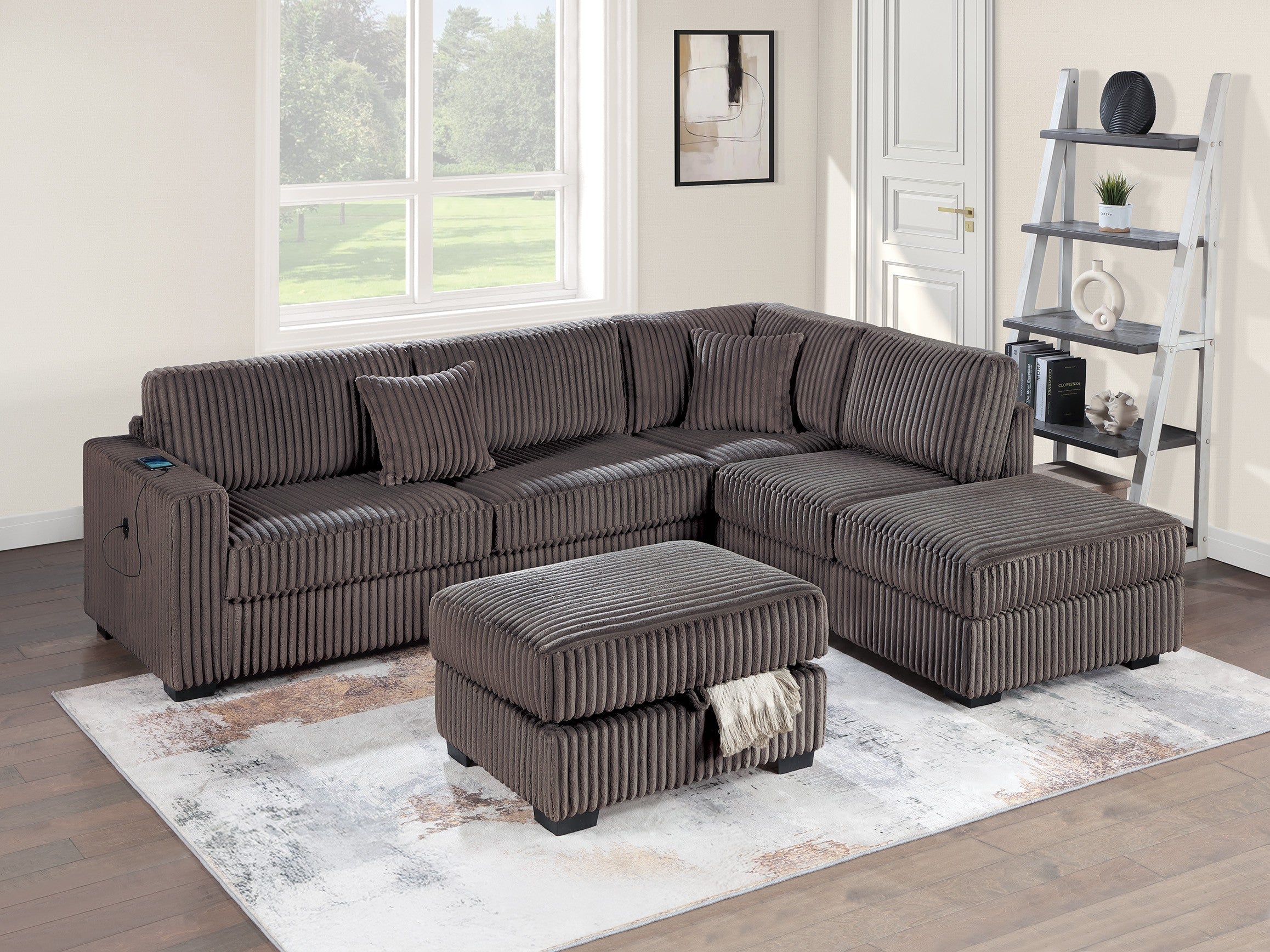 Chocolate Corduroy Sectional Sofa w/ Reversible Chaise USB Ottoman