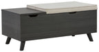 Dark gray storage bench with beige cushion and hinged lift-top lid