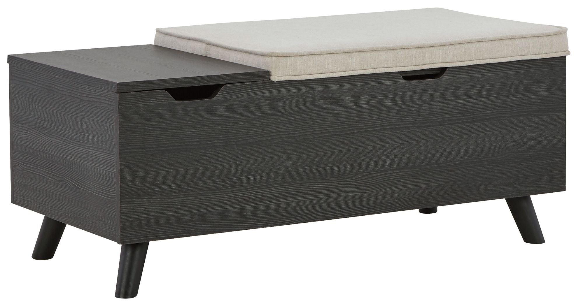 Dark gray storage bench with beige cushion and hinged lift-top lid