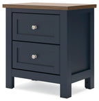 Two-drawer nightstand in dark blue with two front drawers and silver knobs