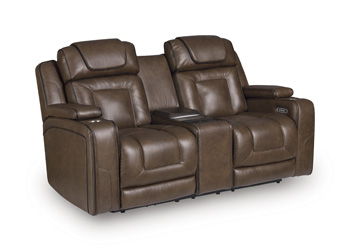 Power recline loveseat with padded headrests and recline seats, dark brown upholstery
