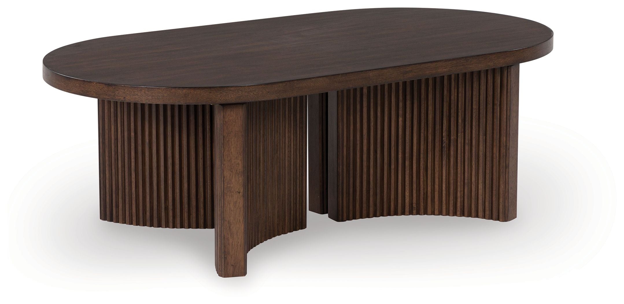 Oval dark brown cocktail table with ribbed wood base and rounded pedestal legs