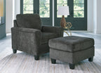 Black upholstered armchair with matching ottoman and fabric seat